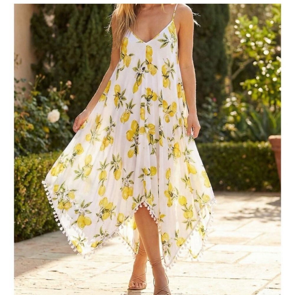 Japna Goa Beachwear Lemon Print Asymmetrical Dress Size L